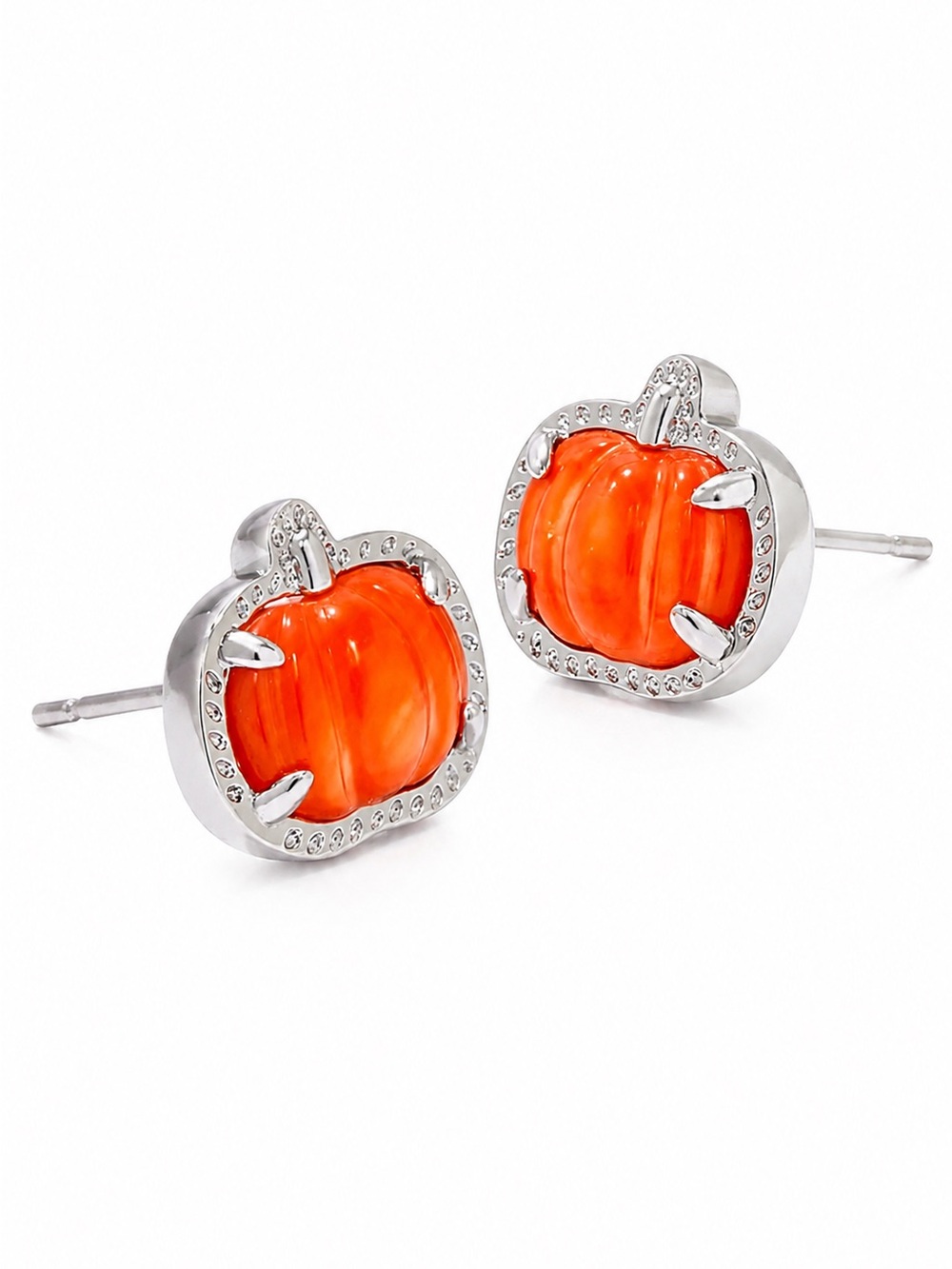 Kendra Scott Pumpkin Stud Earrings in Silver and Orange.